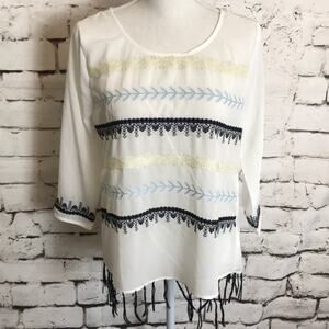 Moon Embroidered Arrow Blouse Small White and Blue